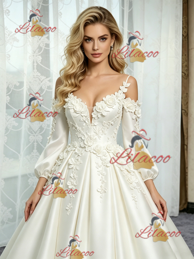 White Satin Short Sleeve Straps Flower Wedding Dress