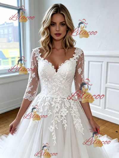 White Tulle Appliques V-neck Appliques Wedding Dress