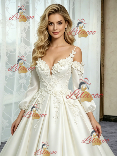 White Satin Short Sleeve Straps Flower Wedding Dress