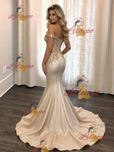 Gold Mermaid Off the Shoulder Prom Dress