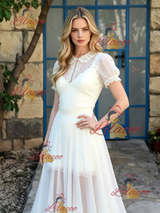 White Chiffon Short Sleeve Wedding Dress