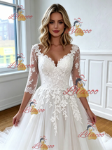 White Tulle Appliques V-neck Appliques Wedding Dress