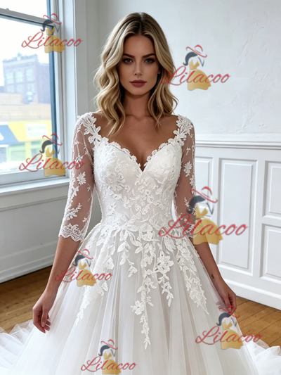 White Tulle Appliques V-neck Appliques Wedding Dress