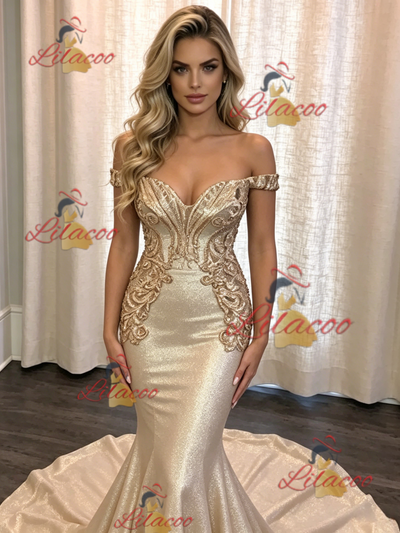Gold Mermaid Off the Shoulder Prom Dress