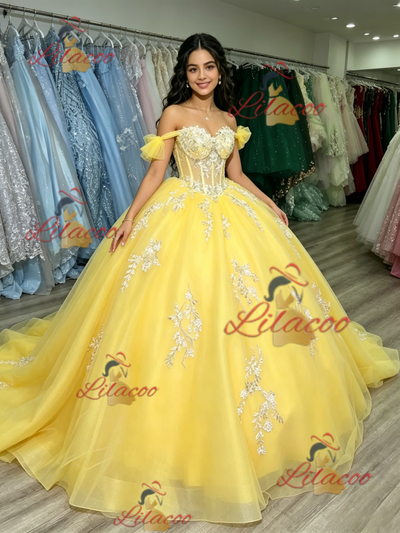 Yellow Tulle Off the Shoulder Appliques Quinceanera Dress