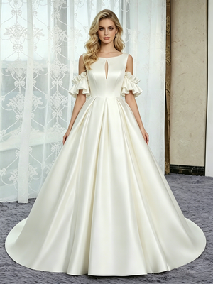 Ivory Satin Scoop Neck Wedding Dress