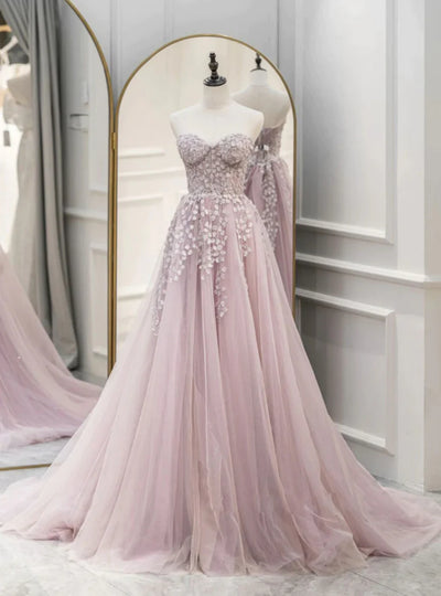 Pink Tulle Appliques Prom Dress