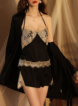 Long Sleeve Satin Lace Pajamas Suit Set