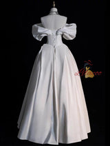 White Satin Off the Shoulder Pleats Wedding Dress