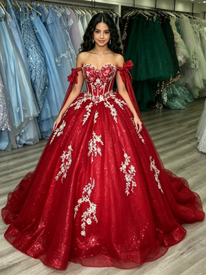 Red Tulle Off the Shoulder Appliques Quinceanera Dress