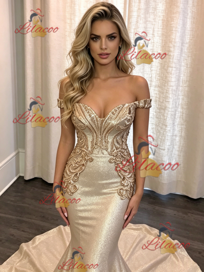 Gold Mermaid Off the Shoulder Prom Dress