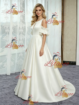 Ivory Satin Scoop Neck Wedding Dress