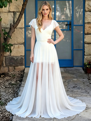 Beach White V-neck Lace Wedding Dress
