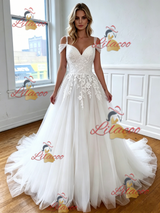 White Tulle Straps Appliques Wedding Dress
