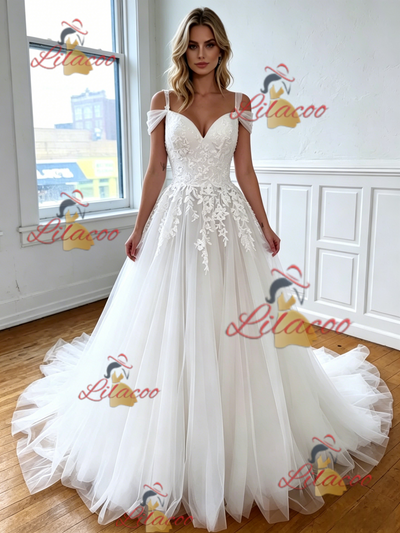 White Tulle Straps Appliques Wedding Dress