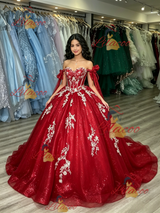 Red Tulle Off the Shoulder Appliques Quinceanera Dress
