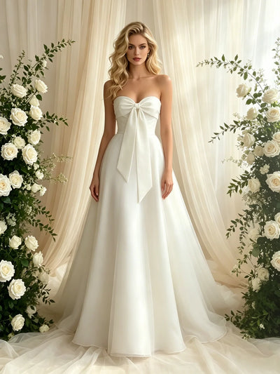 White Tulle Strapless Bow Wedding Dress