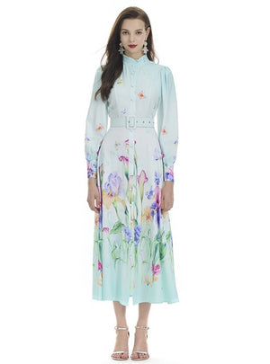 Lotus Leaf Lantern Sleeve Floral Print Dress