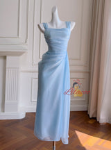 Women Blue Pleats Straps Dress