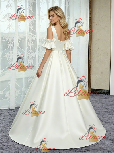Ivory Satin Scoop Neck Wedding Dress