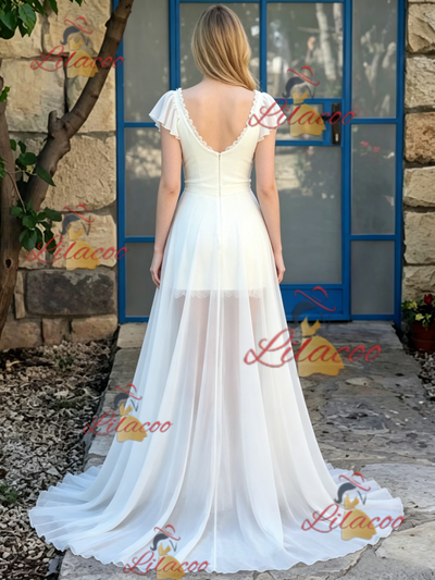 Beach White V-neck Lace Wedding Dress