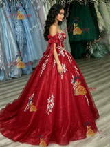 Red Tulle Off the Shoulder Appliques Quinceanera Dress