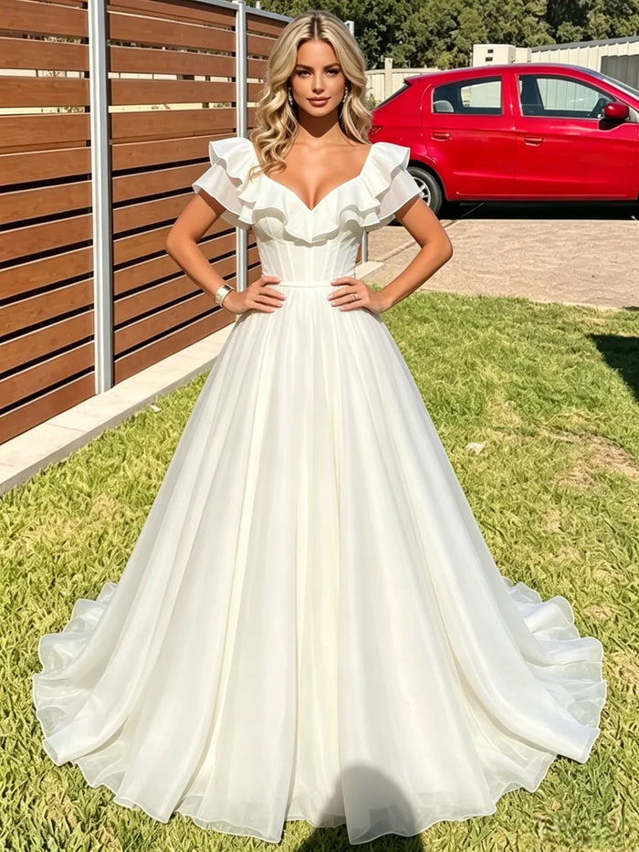 White Tulle V-neck Prom Dress