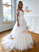 White Tulle Straps Appliques Wedding Dress