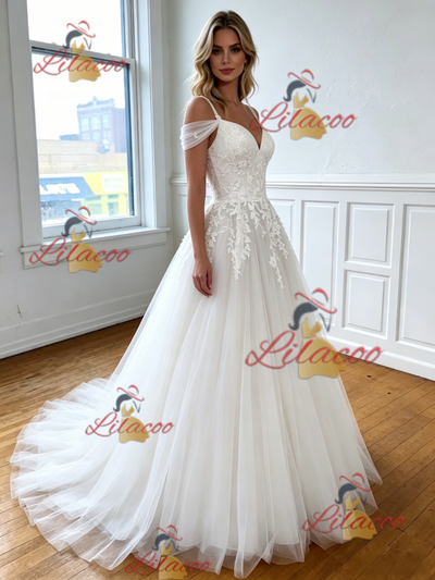 White Tulle Straps Appliques Wedding Dress
