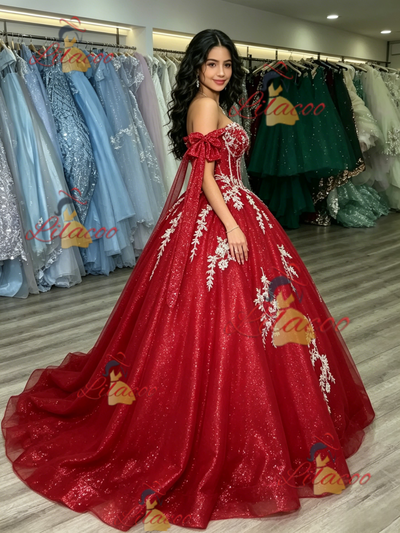 Red Tulle Off the Shoulder Appliques Quinceanera Dress