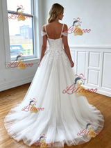White Tulle Straps Appliques Wedding Dress