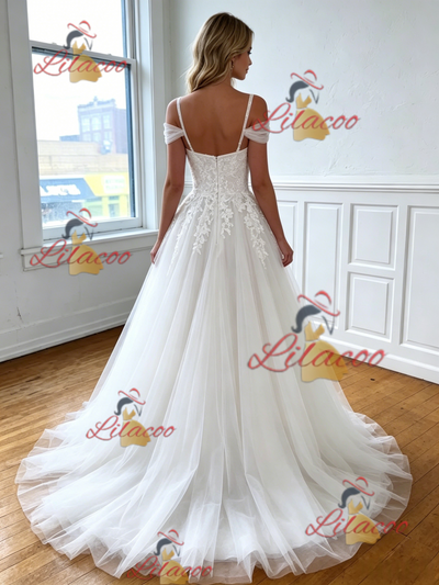 White Tulle Straps Appliques Wedding Dress