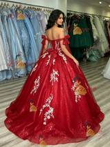 Red Tulle Off the Shoulder Appliques Quinceanera Dress
