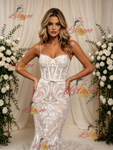 White Mermaid Lace Straps Wedding Dress
