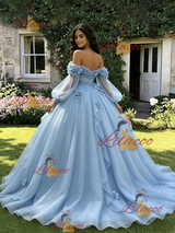 Blue Tulle Long Sleeve Appliques Quinceanera Dress