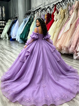 Purple Tulle Straps Long Sleeve Quinceanera Dress