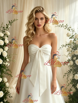 White Tulle Strapless Bow Wedding Dress