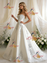 Beige White Satin Strapless Beading Wedding Dress