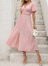 Pink V-neck Short Sleeve Button Dress