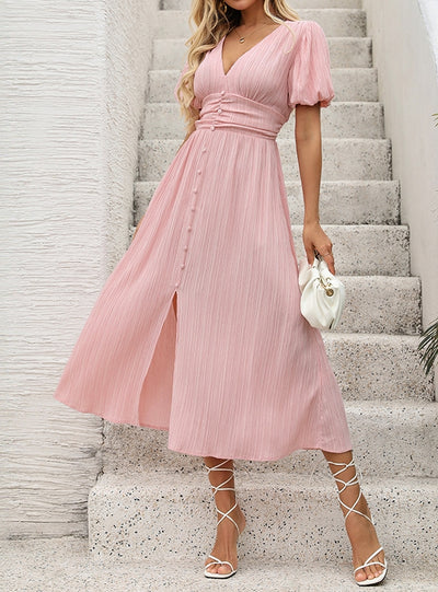Pink V-neck Short Sleeve Button Dress