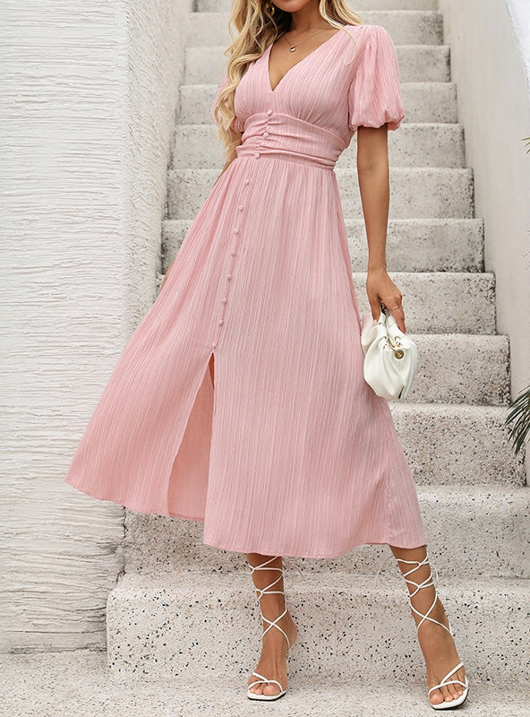 Pink V-neck Short Sleeve Button Dress