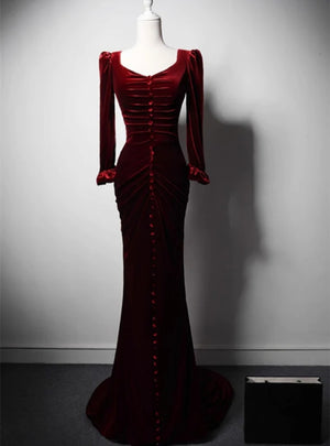 Burgundy Long Sleeve Velvet Pleats Prom Dress