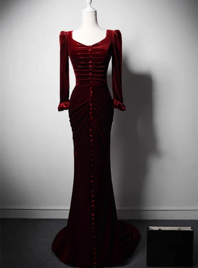 Burgundy Long Sleeve Velvet Pleats Prom Dress