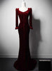 Burgundy Long Sleeve Velvet Pleats Prom Dress