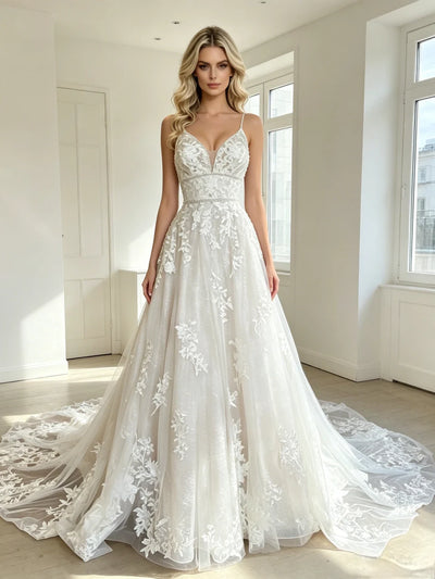 White Tulle Lace Appliques Wedding Dress