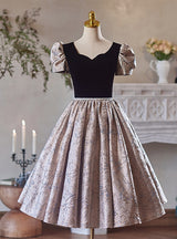 Black Velvet Square Neck Short Sleeve Homecoming Dress