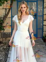 Beach White V-neck Lace Wedding Dress