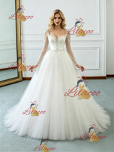 Beige White Tulle Long Sleeve Beading Wedding Dress