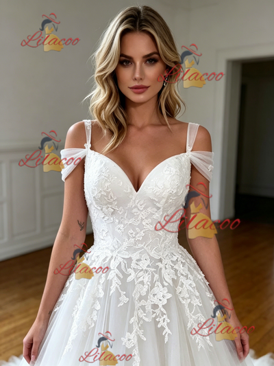 White Tulle Straps Appliques Wedding Dress