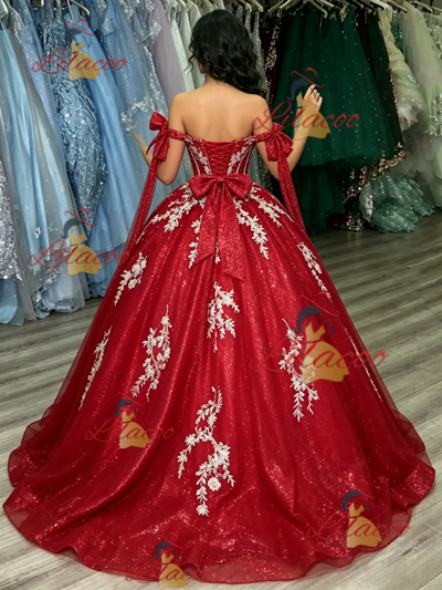 Red Tulle Off the Shoulder Appliques Quinceanera Dress